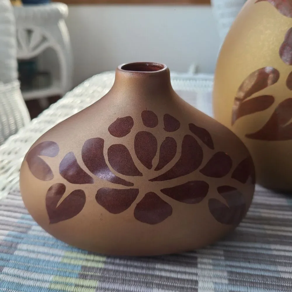 Vintage Matte Bronze On Bronze Slip Cast Pottery Vases With Rose & Leaves Design